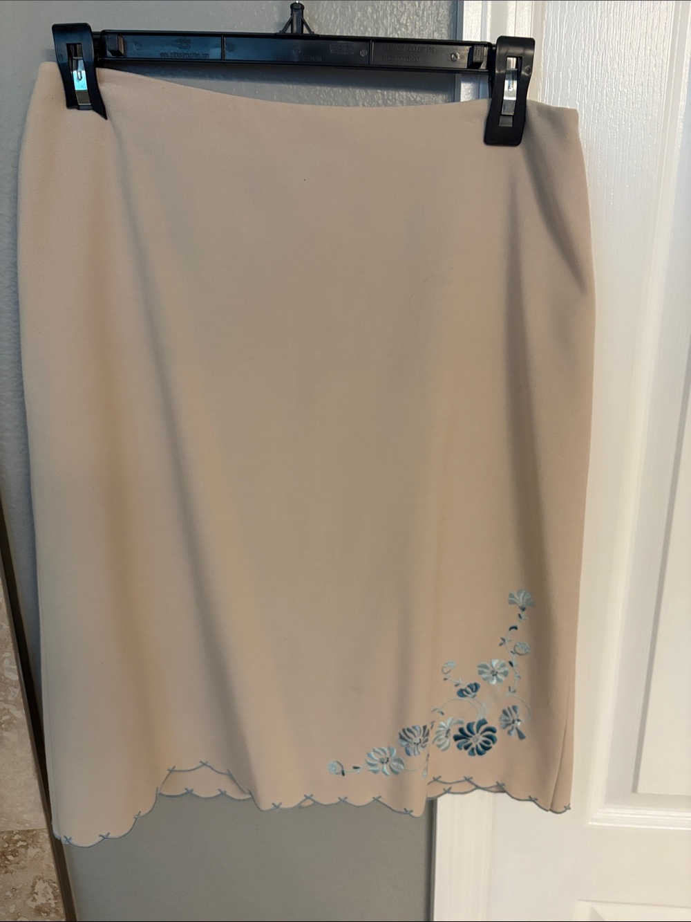 Ann Taylor Beige Midi Skirt with Blue Floral Embroidery
